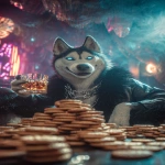 **A hyperrealistic, cinematic photo, low-angle shot from table height. The subject is a charismatic anthropomorphic Siberian Husky with piercing cyan-glowing eyes, smirking coolly at the camera. He's wearing a fur-lined black leather jacket and a silver chain, lounging in an opulent nightclub VIP booth. He holds up a crystal lowball glass containing amber liquor and a single large, clear ice cube. On the table is an extravagant mountain of gourmet dog biscuits. The atmosphere is thick with haze, with dramatic volumetric light beams and vibrant cyan/magenta neon glows. Extremely shallow depth of field, creamy cinematic bokeh, tack-sharp focus on the husky. Unreal Engine 5, Octane Render, 8k, extreme detail, award-winning photography. --ar 9:16 --v 7.0** - Image #1 <@692146423638261810>