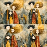 **whimsical photorealistic illustration of a fathers d mother with their girl and boy, father has black hair and a moustache, he’s wearing glasses, mother has curly blonde hair and she’s wearing glasses girl has dark brown hair and she’s wearing glasses, son has brown hair and is a little older and taller than the young girl --v 7.0 --p b3kgthr --s 750** - Variations (Strong) by <@520759084903956481> (fast)