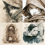 **a discreet archer woodgirl with a cape, face view, detailed watercolor illustration in a monochronolithic way --v 7.0** - <@613379038773248000> (fast)