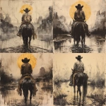 **imagine a painting presented in the style of black and white ink wash: Jimmy Butler facing away from the viewer, riding a black steed, positioned in the center of the composition. The horse's four legs are fully visible, with its saddle adorned with golden tassels and brocade. image isoldated with white background. Jimmy Butler wears a deep brown cowboy hat, a Golden State Warriors jersey, and jeans, while holding a basketball. --s 750 --v 6.0** - Remix (Strong) by <@531918970526236718> (fast)