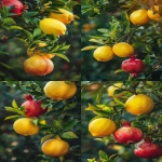 **Ultra realistic DSLR close-up photograph of a lemon tree branch with glossy elongated green leaves and whole bright yellow lemons, growing closely beside a pomegranate tree branch with dark green narrow leaves and several whole round red pomegranates with crown-like calyx tips, both fruits naturally overlapping in the same frame as if the trees grew side by side, natural outdoor lighting, soft golden hour sunlight, organic fruit textures with natural imperfections, hyper-detailed, 8k --ar 2:3 --v 6.0 --raw** - Variations (Strong) by <@1068890344428675213> (fast)
-# Create, explore, and organize on [midjourney.com](<https://midjourney.com/imagine?from_discord=1>)