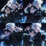 **Still taken shot from anime episode - Levi Ackerman from Attack on Titan and Satoru Gojo from Jujutsu Kaisen. Gojo has white hair, his arm around Levi's shoulder and is posing with a big smile and making a peace sign, Levi has black hair, has his arms crossed and looks slightly annoyed against a black background with sparkles in the art style of attack on titan anime. Friendship-style pose, Anime TV art style, attack on titan, jujutsu Kaisen. Uniform details, beautiful lighting, anime art, manga --niji 6** - Variations (Strong) by <@774763495555072010> (fast)
-# Create, explore, and organize on [midjourney.com](<https://midjourney.com/imagine?from_discord=1>)
