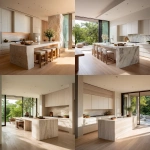 **captured by a world-class luxury architectural photographer, Hasselblad 500CM, 80mm lens, f/4, ISO 400, 1/60s shutter, wide horizontal composition from slightly above countertop height, showing an ultra-luxury minimal open-plan kitchen in a wellness retreat, oversized island in washed white oak with honed light stone waterfall edge, matte warm white cabinetry with concealed handles, pale timber floors, full-height glass doors opening to rainforest greenery (softly desaturated), natural daylight with lifted shadows and bloomy highlights, shallow depth of field softening the exterior while keeping kitchen surfaces sharp, warm neutral whites and muted stone palette, no harsh contrast, very heavy rich 35mm film grain, visible analog texture in light and shadow areas, subtle frame edge softness without vignetting, authentic Kodak Portra 160 film texture pushed one stop, halation bloom on highlights, gentle color shift in shadows for analog realism, zero digital sharpness artifacts, editorial Architectural Digest x Kinfolk Living style, airy and restorative mood, photorealistic analog capture** - <@837237355722571776> (fast)
-# Create, explore, and organize on [midjourney.com](<https://midjourney.com/imagine?from_discord=1>)