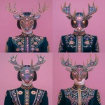 **woman wearing a mahogany moose mask, in the style of baroque-punk, thriftcore, outsider art, clockpunk, album covers, light orange and dark magenta, illustrative satire --ar 45:56 --s 750 --p 248jcws --v 7.0** - Variations (Strong) by <@1007106543935823902> (relaxed)