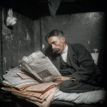 **abrahm vermont, un escritor adulto de 30 años en 1915 en rosario duermiendo acostado en el piso de noche. se tapa con diarios porque no tiene frasada. cubierto por los ejemplares de diario como sabana. 'the vols stimme' su diario escrito en idish litografiado. Vive entre sus palabras en su cuarto muy pequeño de conventillo y con pocas cosas, para escribir y litografia. Luz azulada, un poco de luz blanca desde la ventana que entra, la piel palida. imagen color. Escena de pelicula a color de thirller moderno ambientado en 1910 pero con la calidad actual de cine profesional. Vermont es dejado, tiene bigote largo pero sin barba y poco pelo y un poco gordo, viste formal, pero gastado. estas refes pero color <https://s.mj.run/5dNgcb83TZM> <https://s.mj.run/JFajRkYBXcU>** - Image #2 <@985959374633717780>