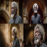 **eye-level front-facing shot, photo realistic of an elderly black man in his 60s, with fascinating grey afro and moderate grey beards, full body, standing in the centre of the frame, full body shot, addressing the student at Oxford University United Kingdom, standing with one hand in his pockets , blurred out audiences in the background and surrounding, detailed aesthestics, beautiful stage lights, wearing smooth dark african native outfit, detailed image, --ar 16:9 --v 7.0** - <@1065391125663322203> (fast)
