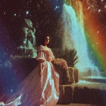 **1970s film grainy photograph. A twinkling waterfall. Big statues of freestanding walls, covered with black tiny rainbow colored holographic rhinestones glinting in the sun. Around the statue is a fashion model, some curvy plus-size, some of different ethnicities. She wears an opulent gothic futuristic pink and blue, satin lace and fish-net outfit, adorned with roses. Eerie sci-fi aesthetic. Bright colorful light. sparkly airy misty twinkles fall from the sky. Orange, peach, pink, blue, lime green, purple --v 7.0** - Image #4 <@840730232632639528>