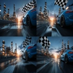 **A blue sports car in motion pulling into an oil refinery with the refinery easily visible. there is a large checkered finish line flag waving on the side. make it epic blue lighting. epic sky at dusk. cinematic --ar 3:2 --v 7.0** - Variations (Strong) by <@1264975901624631358> (fast)