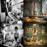 **English fish and chip shop, young attractive glistening woman wearing what might be considered a dangerous outfit to wear around hot oil; a mini skirt and cropped top. Scooping chips out of a vast fryer filled with oil, a glass display cabinet atop the fryers in front of her at chest height, with warm battered offerings contained: battered cod, piles of saveloy sausages, pies in aluminium foil dishes. On the counter top are Proper large salt and vinegar shakers , wooden forks and large jars of pickled onions and pickled eggs. paper wrapping for the chips. colourful chip shop menu on a tiled wall behind her, large picture window in front of her with epsilon aurigae constellation in the night sky, balanced composition, retro futurism --ar 16:9 --raw** - <@744210433703018499> (relaxed)