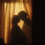 **A romantic couple sharing an intimate moment behind soft golden curtains, warmly lit by a cozy floor lamp, wrapped together in a blanket, silhouetted gently, dreamy and tender atmosphere, early morning or twilight glow, peaceful indoor setting, shallow depth of field, cinematic lighting, vintage color grading, 35mm film style, subtle grain, emotional storytelling, soft focus, style cinematic** - Image #2 <@1331627685406965792>