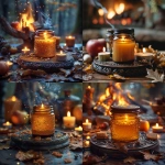 **A 2 oz amber salve jar sits upon a carved Celtic stone circle, surrounded by burning candles, oak leaves, and a small ancestral altar with apples and bread offerings. Behind it, a bonfire flickers under a starry Samhain sky, smoke rising with spirits of the ancestors. Warm firelight tones, autumnal richness, no text. --v 6.0 --s 750** - <@1090630909448949831> (fast)
-# Create, explore, and organize on [midjourney.com](<https://midjourney.com/imagine?from_discord=1>)