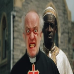 **<https://s.mj.run/cwTvEep8bpY> wearing a catholic priest wardrobe with a crazy insane facial expression, standing beside a Nigerian man who is wearing traditional Nigerian wardrobe, old church in the background, realistic, photorealistic, --ar 16:9 --v 7.0 --s 50** - Upscaled by <@990985509620842596> (fast)