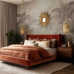 **A bedroom in a desert art deco style with rust colored velvet bed, walnut and gold nightstands, subtle southwest rug, art deco palm leaf wallpaper, and mirros with gold pendants over nighstands.** - Image #1 <@1144662796194287688>