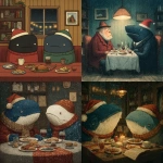 **Christmas dinner between christmas whales. Simple scene, christmas hats, no humans --s 750** - <@1278337234642276372> (fast)