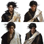 **A young Romani wizard with a rugged and tattered appearance, especially on his face. He has wild, unkempt black hair and wears a black robe with golden details, visibly worn and frayed. Over his shoulders, he drapes a white cloak decorated with intricate Slavic floral patterns, slightly torn. His face bears a striking lightning-shaped scar, and one of his eyes is covered by a tied cloth. He stares directly at the viewer with an intense, mysterious expression. The background is pure white. The art style is highly detailed fantasy character concept art, Dungeons & Dragons style, with dramatic lighting and realistic textures.** - <@202010418003181568> (fast)
-# Create, explore, and organize on [midjourney.com](<https://midjourney.com/imagine?from_discord=1>)