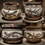 **add a thin-line stylized lizard (gecko-like) procession band around the neck, small scale, evenly spaced, geometric, non-sacred, black-on-white; remove the single central lizard motif; replace lower band with step-frets and chevrons; hairline, delicate, low-contrast; weathered matte slip; not cartoon, not dinosaur** - Remix (Strong) by <@1081749564803010630> (fast)