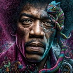 **Jimi Hendrix with eyes made of chameleon skin, surrounded by colorful psychedelic patterns and symbols, in the style of James Rink, a fusion between Ed Roth's Dada art and David Trubridge. --s 250 --v 7.0 --p wtnwbwi** - Upscaled by <@1067908663542546473> (relaxed)
