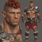 **Character design sheet. Realistic 3d rendering. Character design sheet of a ruggedly handsome, Hyper muscular handsome half orc, bodybuilder, bright silver eyes, short curly red Mohawk, short pointed ears, defined muscles, Huge leg muscles, huge pectoral muscles, big arm muscles, vascular hyper muscular, wide Grecian nose, strong square jaw, defined cheek bones, masculine features, freckles, Bodybuilder, short pointed ears, wearing Roman gladiator armor. --v 7.0** - Image #3 <@1222981214734913607>