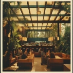 **Vintage Polaroid in the style of slim Aarons, but the decor and dress, of 2025. The interior of a clean modern liquor distillery with a lounge bar in Los Angeles with people casually dressed are sitting on benches, lit by skylights, and side windows, with palm trees overhead, drinking whiskey having fun dancing. Behind them is gigantic beautiful whiskey distillery. Nostalgia in the style of Provia. --ar 128:93 --v 6.1** - Image #3 <@1090364262091866152>