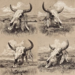**dibujo de cráneo de vaca con plumas colgando de sus cuernos en un paisaje desértico --v 7.0** - Variations (Strong) by <@1099054943794647211> (fast)