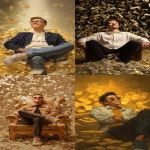 **Conceptual portrait of a smiling successful handsome young man sitting relaxing carelessly, airily and light-heartedly enjoying success surrounded by his gold and money. --ar 9:16** - <@1368542362770477158> (fast)