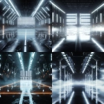 **futuristic sports arena interior, glowing with black, silver and white lights, holographic LED panels stretching across the back wall, fractured ice shard textures embedded in the walls, metallic beams and chrome accents, spotlights shining through thick volumetric fog and icy haze, glossy reflective floor with silver prism reflections, symmetrical wide cinematic perspective, crisp linear lights adding depth, legendary and immersive high-tech atmosphere, perfect for hockey trading card background --ar 2:3 --q 2 --v 6.1 --raw** - <@1007029574430892245> (fast, stealth)