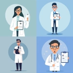 **Minimal flat vector illustration in EyeLife style, optometrist doctor with eyeglasses and lab coat, holding clipboard with simple eye chart icon, soft medical monochrome palette (#CBE3F5, #A3CAE8, #6EA7D8, #003366), abstract rounded blue background, no gradients or shadows, no skin tones, clean line-free vector composition, consistent with Customer illustration style, calm and sterile aesthetic --v 6.0 --ar 1:1 --raw** - <@775301860293738506> (fast)