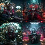**An angelic celestial indonesian goddess seated regally in a gothic throne room, half body up, cracked porcelain skin with glowing molten vivid red veins, long silver flame red windswept hair, glowing amber eyes radiating divine power, heavy high-fashion makeup - dark burgundy smoky eyeshadow blended into hollowed sockets, metallic gold eyeliner extending like runes, glittery blackened lips with a cracked obsidian texture, shimmering highlighter catching candlelight, her expression calm but menacing - wearing a shadowy robe made of swirling, living fabric, throne made of twisted emerald stone and gold filigree, background lit by dim candelabras and shafts of celestial light from a shattered stained glass dome - baroque architecture, ornate demonic statues, dark fantasy aesthetic, hyperrealistic texture, cinematic lighting, chiaroscuro contrast, ultra high detail, 8K resolution, inspired by H.R. Giger, Artgerm, and Greg Rutkowski --ar 9:16 --profile maltihr** - <@1043498067623686144> (fast)