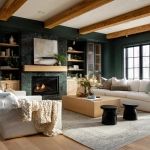 **editorial photo of a cozy moody living room with ribbed glass-fronted and oak ribbed shaker cabinetry with brass sleek cylindrical handles, an exotic forest green granite fireplace with bold veins, white modern sofa and accent chairs, large ribbed oak coffee table, beige knitted throw blankets and throw pillows, black ribbed round end tables, Natural oak plank flooring with a traditional light green rug, oak ceiling beams. ARRIFLEX 35 BL camera, high definition quality, Canon K35 Prime Lens, bright and airy --ar 4:5 --raw** - Image #1 <@1230559318680670299>