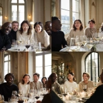 **Portrait of friends at a dinner table in a luxury apartment, French neoclassical style. They are between 35 and 45 years old, all wearing minimalist clothing in neutral tones, and are casually drinking wine. They are a diverse group of people, including Black, White, and Asian individuals. The setting is a dining room with large windows, high ceilings, soft lighting, and a relaxed atmosphere.** - <@1128428931243057244> (fast)