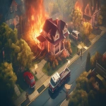 **a cinematic digital illustration of a fire emergency in a suburban neighborhood, two houses engulfed in flames, multiple red fire trucks parked nearby but not responding, grid-like road layout, surrounded by trees and small buildings, dramatic lighting, vibrant colors, satirical tone, visual irony, high detail, 3D isometric perspective --v 5.0 --ar 16:9** - Image #2 <@1049176212263686190>
