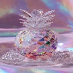 **a highly detailed crystal pineapple art piece, shaped like a ripe pineapple made entirely of translucent gemstone, iridescent rainbow reflections, sparkling diamond-like textures, placed on a clear glass plate, surrounded by crystal droplets, soft pastel lighting, dreamy glossy aesthetic, hyper realistic photography, fantasy luxury concept --ar 9:16** - Image #2 <@1240240057374478349>