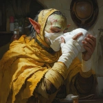 **A person who has a body that on one side looks like an elf and on the other side looks like an orc, covered in bandages. He's wearing a bright yellow cloak. And he's using magical soap to clean a white mask.** - Image #3 <@878478340170866709>
