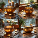 **Realistic close-up of a Tibetan sound bowl placed on a wooden meditation floor, surrounded by soft candlelight. Two silver tuning forks rest neatly beside the bowl. Wisps of incense smoke drift in the background on a window sill. The lighting is warm and diffused, with natural shadows and subtle highlights on the bowl’s rim. The setting feels calm, sacred, and minimalist no people, no clutter. Emphasize texture detail on the brass bowl, the wood grain beneath it, and the glow of the candles. Photography style: ultra-realistic, depth of field focus, peaceful atmosphere, high-resolution professional studio lighting. --v 6.0 --s 750** - Variations (Strong) by <@1090630909448949831> (fast)