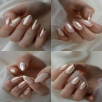 **champagne chrome french tips on light pink base, delicate and editorial manicure, soft luxury tones, almond shape, close-up on hands in soft lighting, styled with silk or tulle, elegant minimalism for winter --v 6.0 --ar 2:3 --raw** - Variations (Strong) by <@1321895242076520463> (fast)