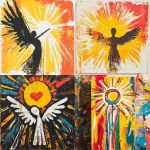 **Music graphic design block print with crayon / brushstrokes. Depicting an image of angel love, sun shining down. The overall style is very abstract and minimalist tribal with a lot of energy --v 6.1** - <@886913816171008040> (fast)