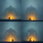 **A vertical, cinematic scene set in thick, misty fog. In the background, a colossal, ghostly figure stands facing directly forward the massive shoulders and torso of a humanoid giant with a head made entirely from the U.S. Capitol dome. The dome is seamlessly integrated, intimidating, expressionless, and symbolic of systemic power and political threat. The giant looms in silence, ethereal and cold, with minimal detail except strong architectural and structural weight in its form. In the foreground, a glowing doctor figure kneels with deep compassion. The figure is made entirely of radiant light warm gold and white and is gently listening to the heartbeat of a small glowing child using a clearly visible stethoscope. The doctor’s posture is intimate and protective. The child stands calmly, trusting. Both figures glow from within and are the only light source in the scene, casting light into the fog that gently reveals the presence of the looming Capitol-giant. The composition emphasizes the massive scale contrast between the giant and the glowing human figures. Visual style is painterly or digital illustration poster-ready, dramatic, and reverent. Chiaroscuro lighting, soft fog diffusion, and strong emotional impact. Use warm glow for the figures and cool grays and blues for the giant and background. Emotion: quiet defiance, compassion under pressure, light in systemic darkness. --ar 2:3 --v 7.0** - Variations (Strong) by <@801873084395028480> (fast)