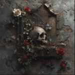 **an old grungy photograph on a skull with vines, ivy and roses growing out of it onto an old gothic castle wall, dark moody vibe, muted colors with pops of red --v 7.0** - Upscaled by <@424564814052851715> (fast)