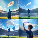 **Young Japanese male soccer player standing confidently on a green soccer field, wearing a plain solid blue soccer jersey with a single white back number, no logos or brands, holding a large white flag raised high above his head, modern stadium filled with cheering fans, bright morning sunlight shining, dynamic wind blowing the flag dramatically, anticipation and determination in his eyes, cinematic atmosphere, realistic style, wide shot, no teammates, no goalposts, focus on the player and the flag as a symbol of a new beginning --niji 6** - <@1212945075831836692> (relaxed)