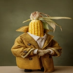 **An corn cob was wearing a stylish khaki coat over a white t-shirt --ar 9:16** - Image #4 <@1136547221920296960>