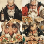 **the handsome and charming 3000 years old vampire king on the haunted horror cover of "PIZZA!" with melting pizza ingredients coat and very long beard in fornasetti style, by laurie simmons, eating his favorite cheesy garlic pizzas --ar 8:5 --sref 771491461 --stylize 1000 --niji 6** - <@1121310536559243315> (fast)