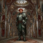 **digital art, fantasy art, D&D eberron, slightly steampunk, 28 year-old general wearing silver and green heavy armor, red hair, no facial hair, tired look, standing in a fancy hallway inside a palace --v 7.0** - Image #2 <@882568318530232330>
