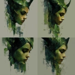 **green toned, painterly realism style, female demon, with small horns, slightly angled, vertically elongated design, bottom ends abstract --v 7.0** - Variations (Strong) by <@1116424656908464158> (fast)