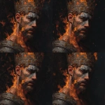 **A wide, front-facing oil painting portrait of a king wearing an awe-inspiring, intricately detailed welding crown adorned with ancient symbols and shimmering jewels that seem to pulse with inner fire. His full face, chest, and upper torso are visible. The left side of his face and shoulder are consumed by vivid, almost supernatural flames ethereal and alive casting dynamic, flickering light that dances wildly across his skin and armor. The flames subtly form ghostly shapes of angels and souls rising, blending spiritual mysticism with raw elemental power. A bold, cracked ash cross, textured like burnt wood and glowing faintly with silver embers, is emblazoned on his forehead a stark symbol of humility, mortality, and divine purification. His expression is calm yet fervent, eyes burning with inner fire and transcendent wisdom, embodying spiritual strength, sacrifice, and rebirth. The dark, textured background pulses with smoky shadows and faint celestial constellations, as if the universe itself watches this sacred moment. Rendered in rich, detailed soft oil brush strokes that give the skin a warm glow, the flames a mesmerizing flow, and the crown a regal grandeur blending hyperrealism with a visionary, almost mystical atmosphere full of emotional intensity and symbolic depth. --v 7.0** - Variations (Region) by <@1097374443979935885> (fast)
