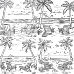 **A simple coloring page for children of A beach scene with palm trees, lounge chairs, and sand pails. A coloring page for kids in the style of Johanna Basford, with thick lines, black and white, no shading, flat art, easy to color, a simple cartoon drawing with high detail. for a simple black and white coloring page, line art, thick lines, easy to color. no shading, lavender --v 6.1** - <@1201148944726638674> (fast)