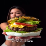 **<https://s.mj.run/f-2e9tfy9B8> unveil a new hamburger called "KETO BURGER" advertisement for a burger with double burger patty and melted cheese and a big piece of butterleaf lettuce and a big slice of tomato in a white bun made from egg whites with black and white sesame seeds on the bun, the bun looks like an omelette made from the white part of the egg only, dark background --no paper under the burger --no fried egg --ar 2:3 --v 7.0** - Image #4 <@1103975769467789322>