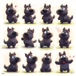 **a cute Scottish Terrier character emotion sheet, featuring 12 different emotional expressions and poses in a grid layout: happy, sad, angry, surprised, in love, sleepy, laughing, embarrassed, kissing, waving, cheering, proud rounded body, short limbs, large flat tail in back view, chibi proportions, fluffy fur with natural shading, big expressive eyes, warm and soft painterly illustration style, hand-painted brush textures, gentle pastel tones, Disney Pixar animation style, warm and gentle lighting, consistent proportions, white background with subtle horizontal guide lines, high-resolution artwork suitab** - Image #2 <@872240455209857064>