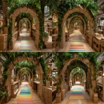 **A children's attraction featuring a miniature forest garden enclosed in a structure resembling a vinyl greenhouse.Upon entering the forest gateway zone made of cardboard arches that isolate the real world, visitors pass through a play zone in the "Data Forest" where they search for sparkling packets, then proceed to a zone with a cotton cloud canopy and walls covered in cardboard bookcases resembling a forest library. Here, they can deposit packets into mailboxes made from cardboard server stations and receive prizes at the attraction's exit.The exterior of the structure is designed to be as small as possible, with a height of 1.5 meters, a width of 1.2 meters, and a depth of 5 meters, made from narrow pillars of garden arches. The exterior of the cardboard arch entrance features the interior of the forest and a path made from narrow rainbow-colored vinyl tape on the floor.a cotton cloud canopy, and an interior of library bookcases mapped onto cardboard at the end of the forest. A children's attraction where they can interact with a server station is installed in the pathway between office desks, with the chairs removed to create a pathway. The area under the desks is masked with green curtains, and cardboard guardrails are installed up to waist height, creating a bright and cheerful atmosphere. --ar 4:3** - Variations (Strong) by <@580349603761750038> (fast)
-# Create, explore, and organize on [midjourney.com](<https://midjourney.com/imagine?from_discord=1>)
