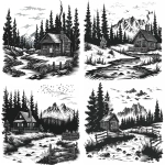 **Woodcut vector illustration of a cabin in the woods, in black ink on a white background, with a simple graphic design in the style of a woodblock print. The image has high contrast, bold lines and shapes, and a monochrome color scheme. It is isolated against a pure white background, with a sharp and clear focus. A small river flows through the scene, and mountains can be seen in the distance. The cabin is surrounded by trees, and there is a wisp of smoke coming from the roof chimney. A rustic wooden fence encloses the yard area. --ar 64:45 --v 6.0 --s 250** - <@756269320539209761> (fast)