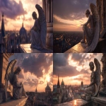 **marble angel statue sitting on a cathedral ledge, overlooking an ancient European city at sunset, warm golden sunlight reflecting on the marble surface, dramatic sky with orange and purple clouds, detailed feathers, cinematic lighting, serene and melancholic mood, ultra realistic 8k, architectural background with domes and spires, depth of field, --ar 16:9 --v 7.0 --raw** - <@840206790985383936> (fast)